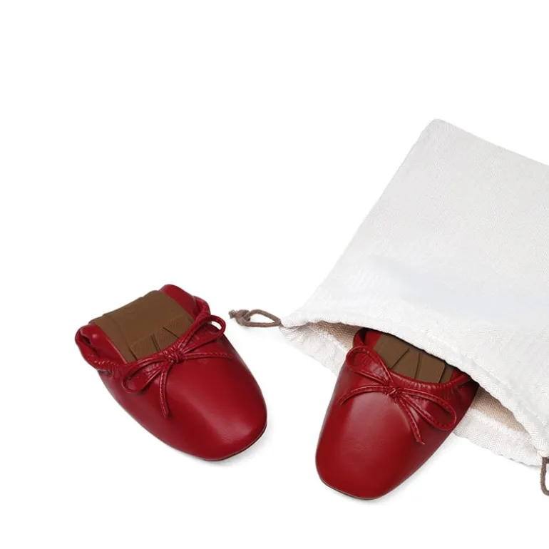 Ascenelle Foldable Square Toe Bow Ballet Flats