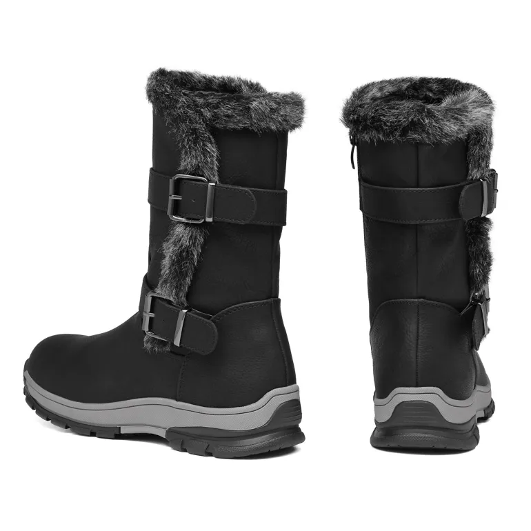 Black Leather Mid Calf Snow Boots