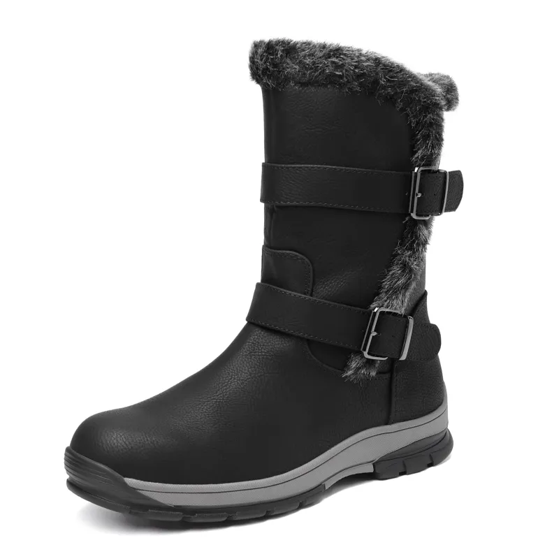 Black Leather Mid Calf Snow Boots
