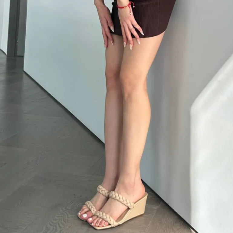 Braided Straps Square Toe Wedge Sandals