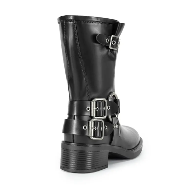 Buckles Motorcycle Mid-Calf Boots