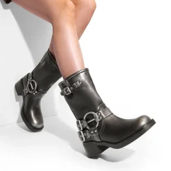 Buckles Motorcycle Mid-Calf Boots