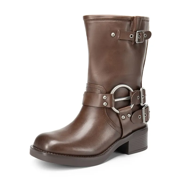Buckles Motorcycle Mid-Calf Boots