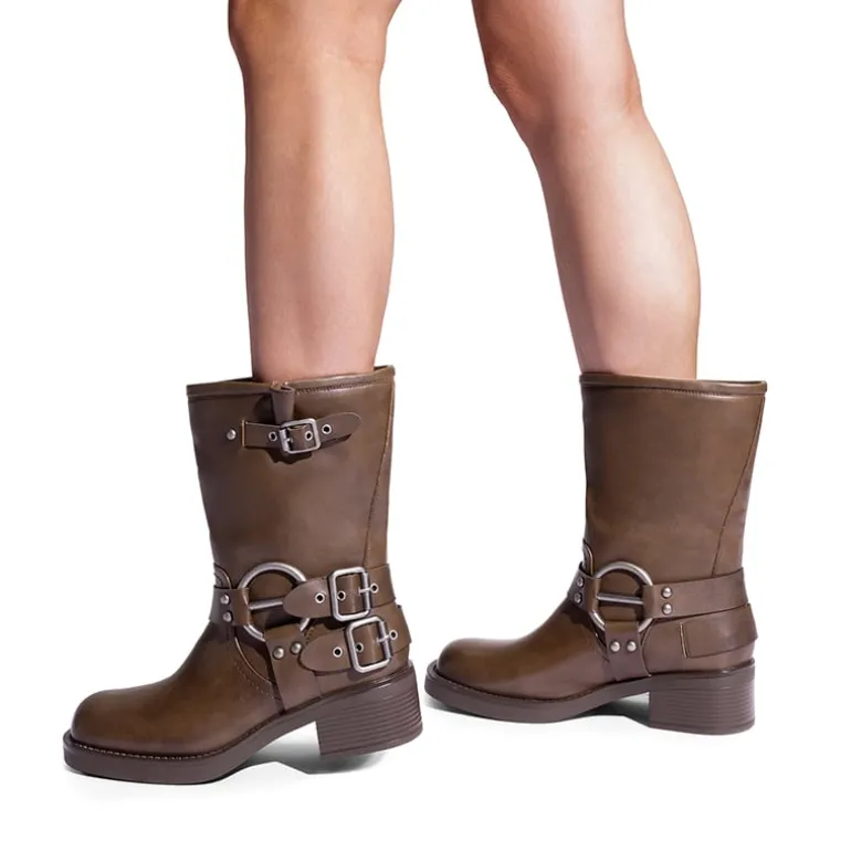 Buckles Motorcycle Mid-Calf Boots