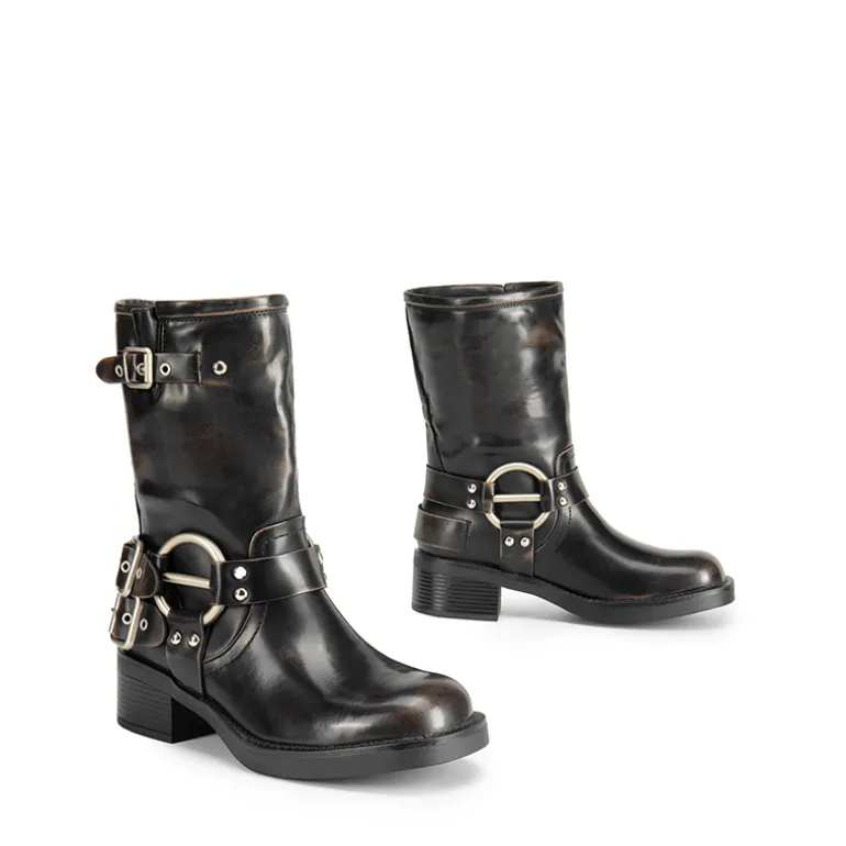 Buckles Motorcycle Mid-Calf Boots