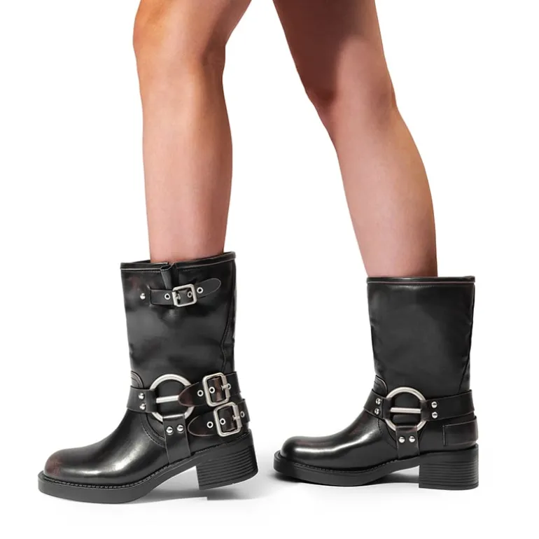 Buckles Motorcycle Mid-Calf Boots