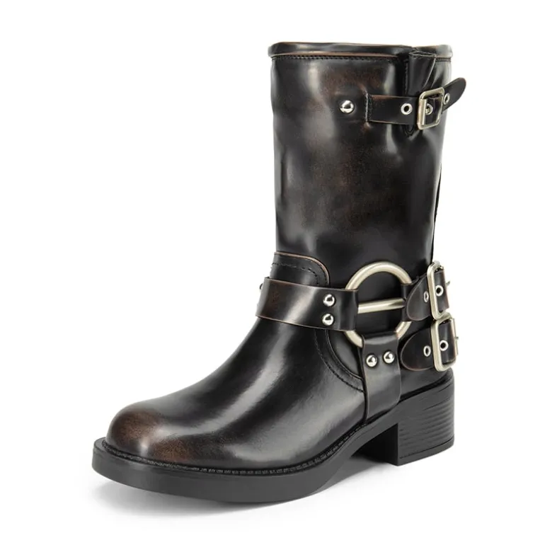 Buckles Motorcycle Mid-Calf Boots