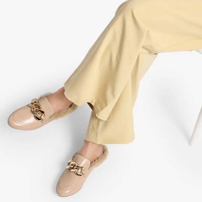 Chain Closed Toe Fur Lined Mules
