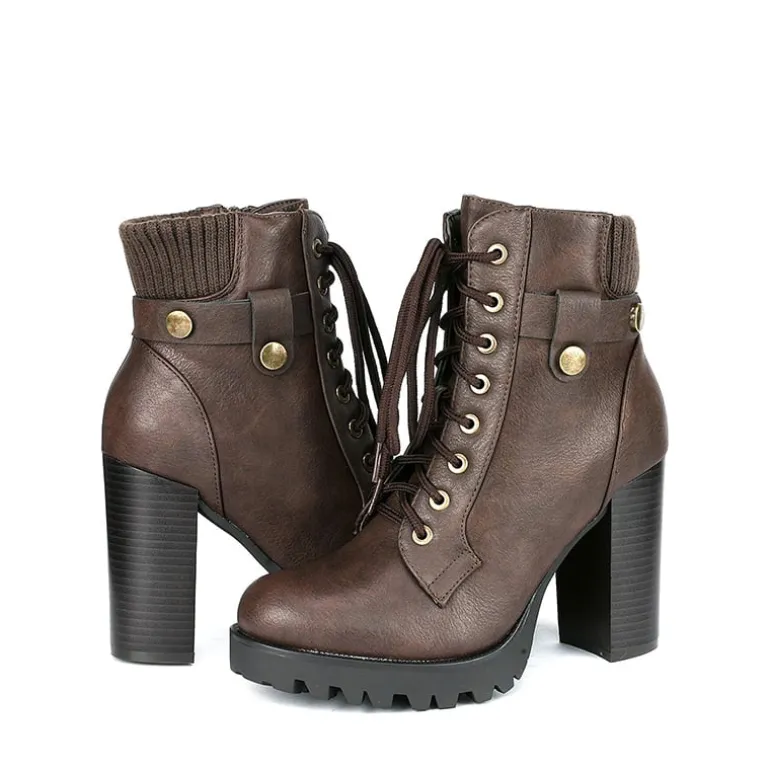 Chunky Round-Toe High Heel Ankle Boots