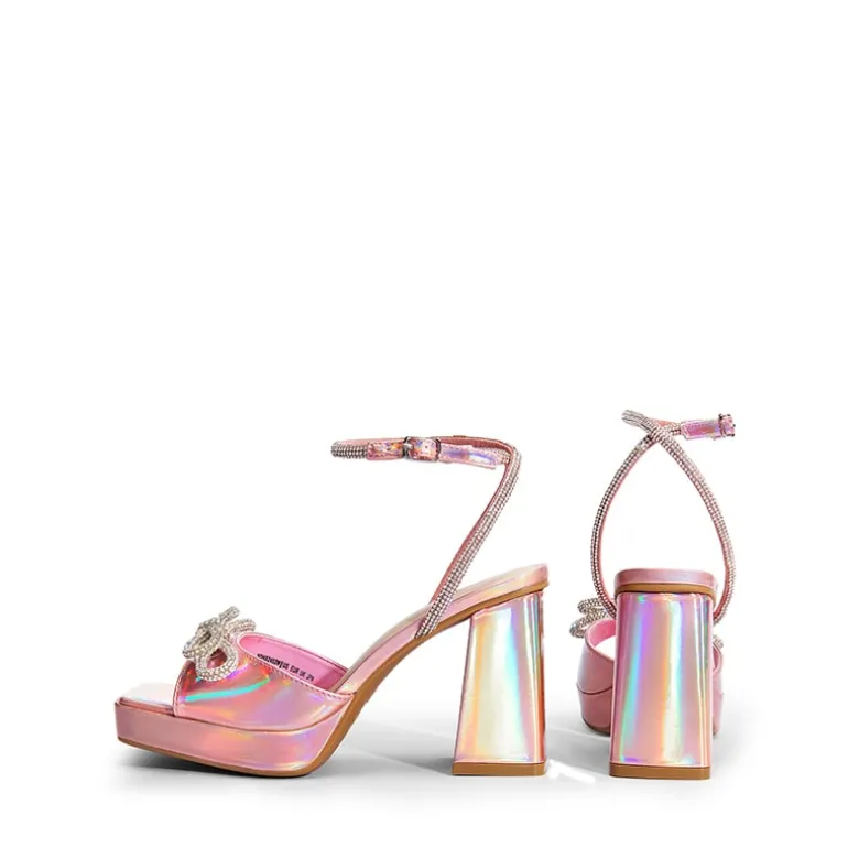 Double Bowknots Rhinestone Chunky Sandals