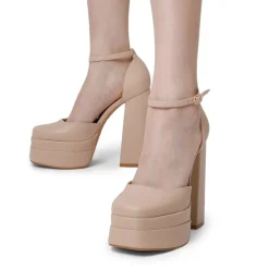 Dreamy High Chunky Square Toe Ankle Strap Platform Pumps