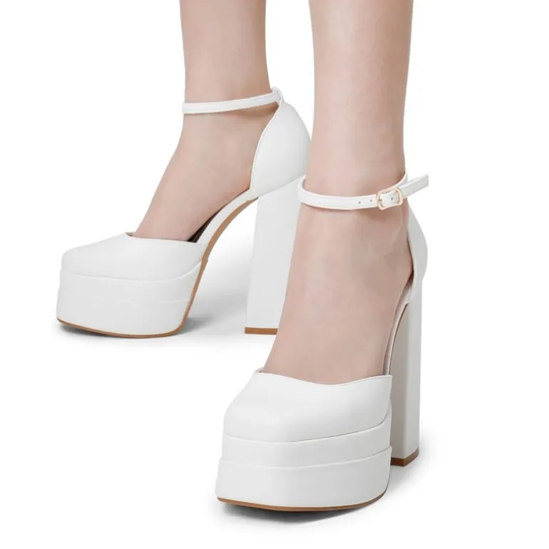 Dreamy High Chunky Square Toe Ankle Strap Platform Pumps