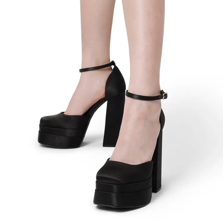 Dreamy High Chunky Square Toe Ankle Strap Platform Pumps