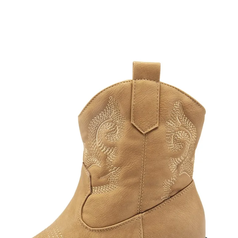 Embroidered Low Heel Cowgirl Ankle Boots