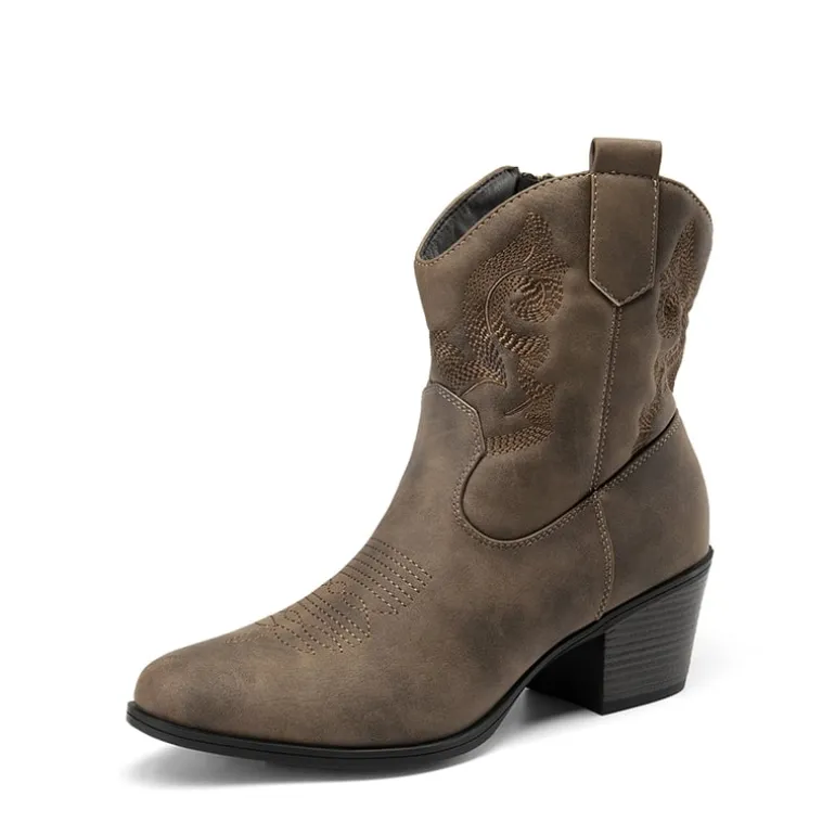 Embroidered Low Heel Cowgirl Ankle Boots
