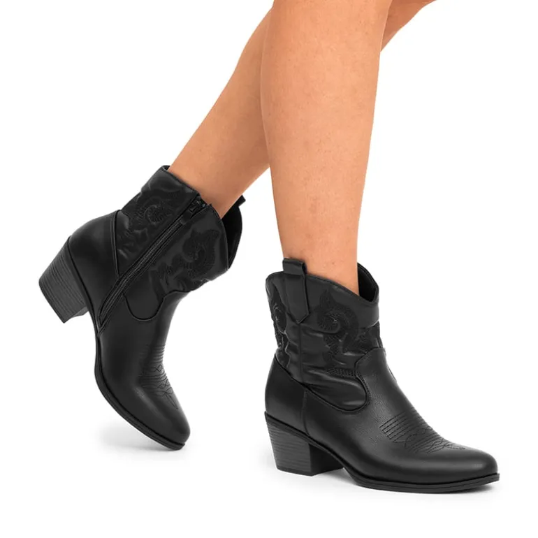 Embroidered Low Heel Cowgirl Ankle Boots