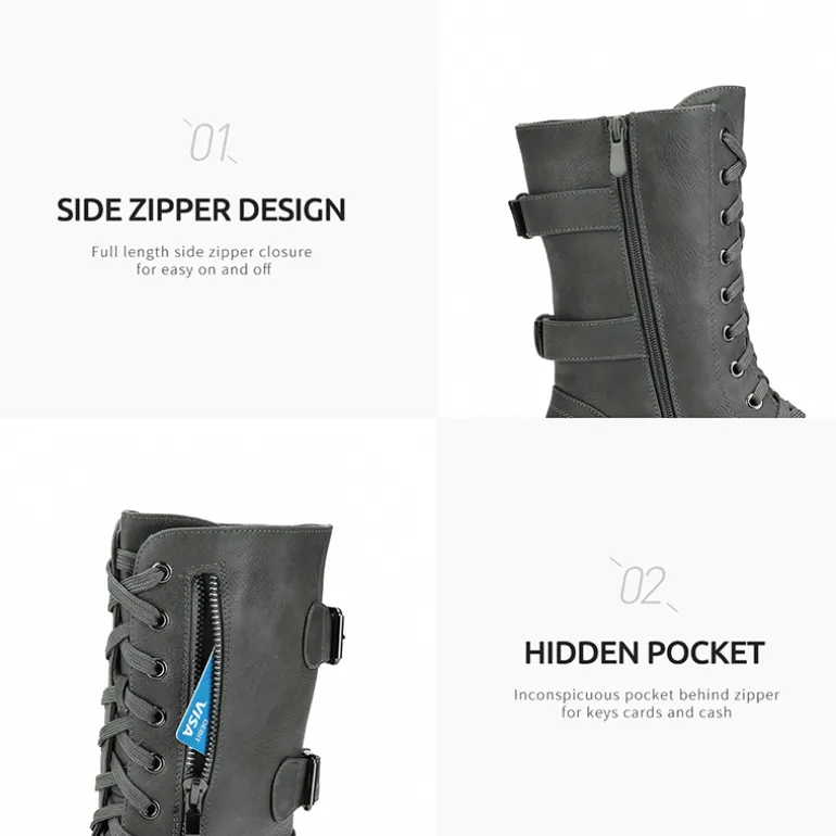 Faux Fur Mid Calf Combat Boots