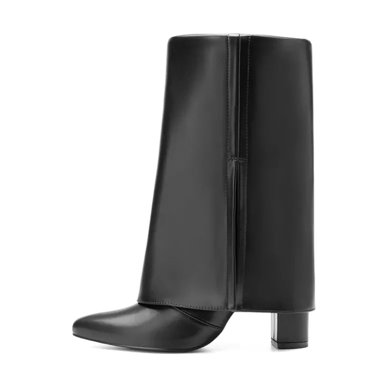 Fold-Over Denim Mid-Calf Boots