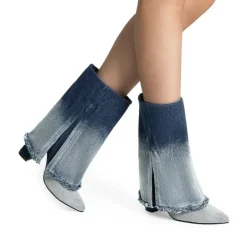 Fold-Over Denim Mid-Calf Boots