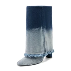 Fold-Over Denim Mid-Calf Boots