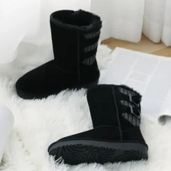 [FuzzyChic Kid's Buckle] Kids Fur Lined Suede Non Slip Winter Boots