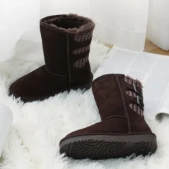[FuzzyChic Kid's Buckle] Kids Fur Lined Suede Non Slip Winter Boots