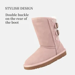 [FuzzyChic Kid's Buckle] Kids Fur Lined Suede Non Slip Winter Boots