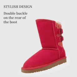 [FuzzyChic Kid's Buckle] Kids Fur Lined Suede Non Slip Winter Boots