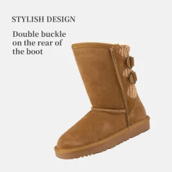 [FuzzyChic Kid's Buckle] Kids Fur Lined Suede Non Slip Winter Boots