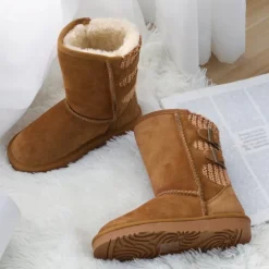 [FuzzyChic Kid's Buckle] Kids Fur Lined Suede Non Slip Winter Boots