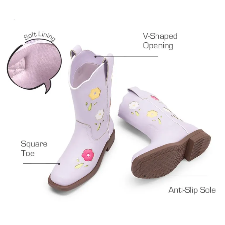 Girls’ Durable Slip-On Floral Western Boots