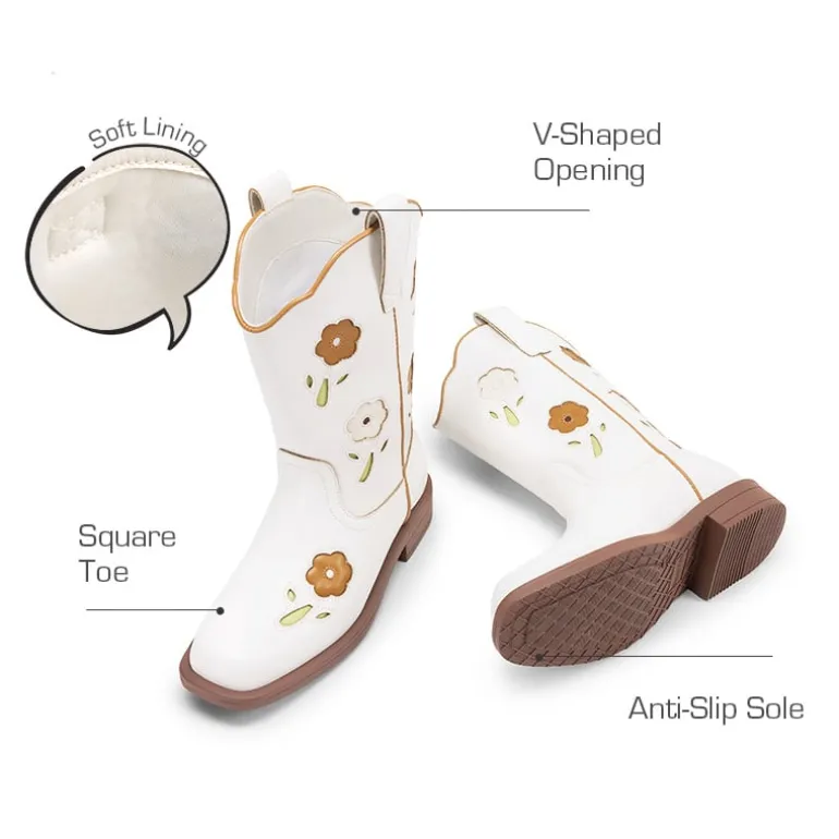Girls’ Durable Slip-On Floral Western Boots