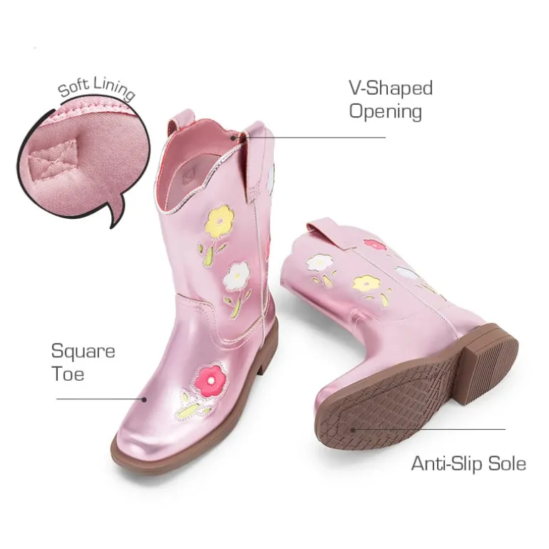 Girls’ Durable Slip-On Floral Western Boots