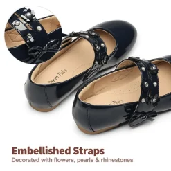 Girls Flower Pearls Bow Mary Jane Flats