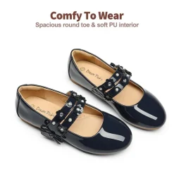 Girls Flower Pearls Bow Mary Jane Flats