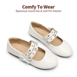 Girls Flower Pearls Bow Mary Jane Flats
