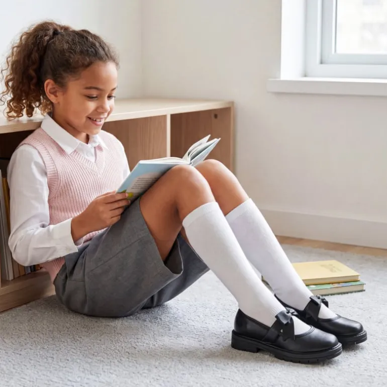 Girls' Mary Jane Bowknot Shoes with Hook-And-Loop Strap