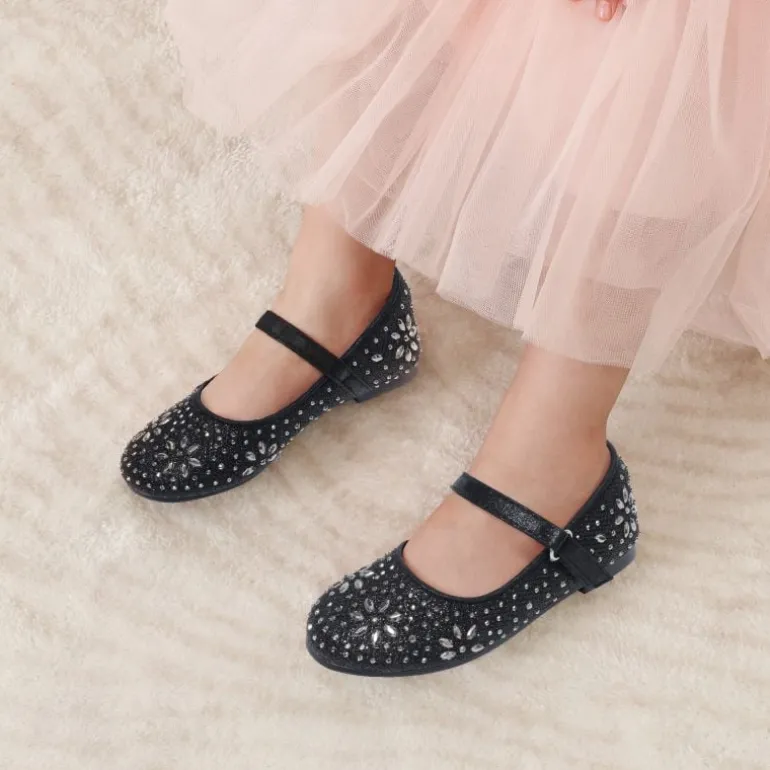 Girls’ Rhinestone Pearl Suede Ankle Strap Flats