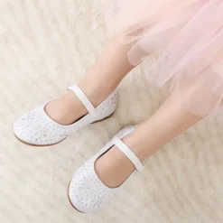 Girls’ Rhinestone Pearl Suede Ankle Strap Flats
