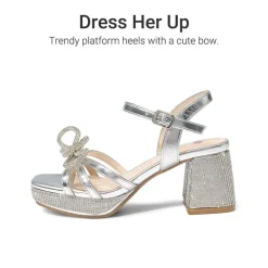 Girls’ Square Toe Dress Heels with Sparkling Bow