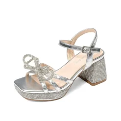 Girls’ Square Toe Dress Heels with Sparkling Bow