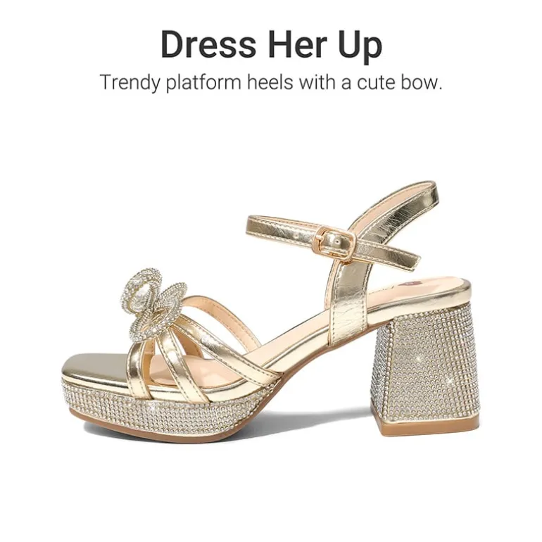 Girls’ Square Toe Dress Heels with Sparkling Bow