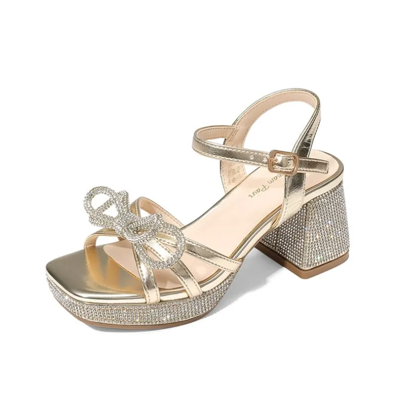 Girls’ Square Toe Dress Heels with Sparkling Bow
