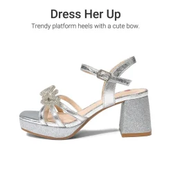 Girls’ Square Toe Dress Heels with Sparkling Bow