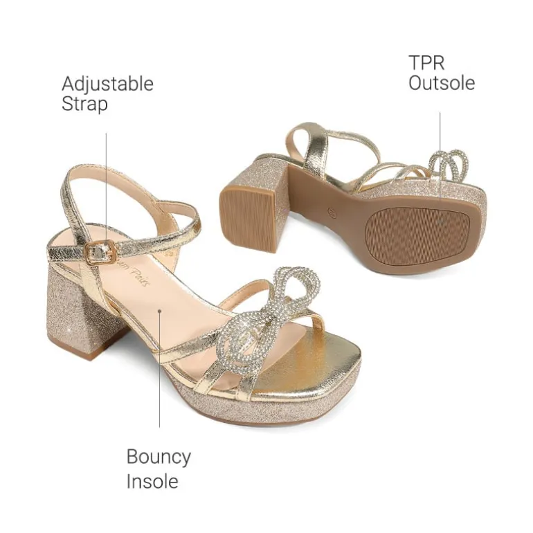 Girls’ Square Toe Dress Heels with Sparkling Bow