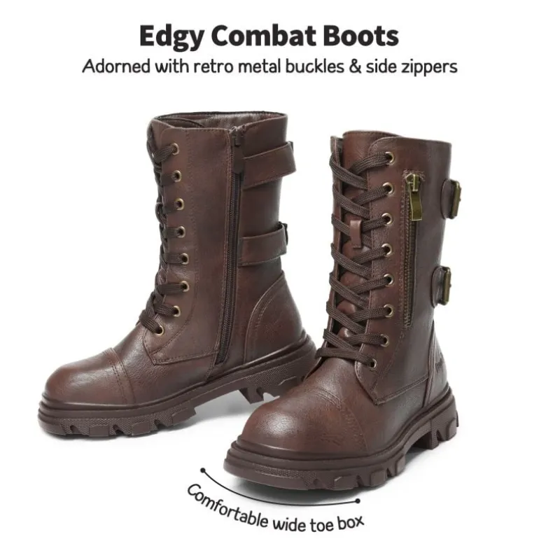 Girls Vegan Leather Combat Ankle Boots