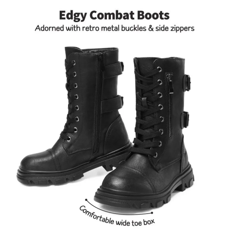 Girls Vegan Leather Combat Ankle Boots