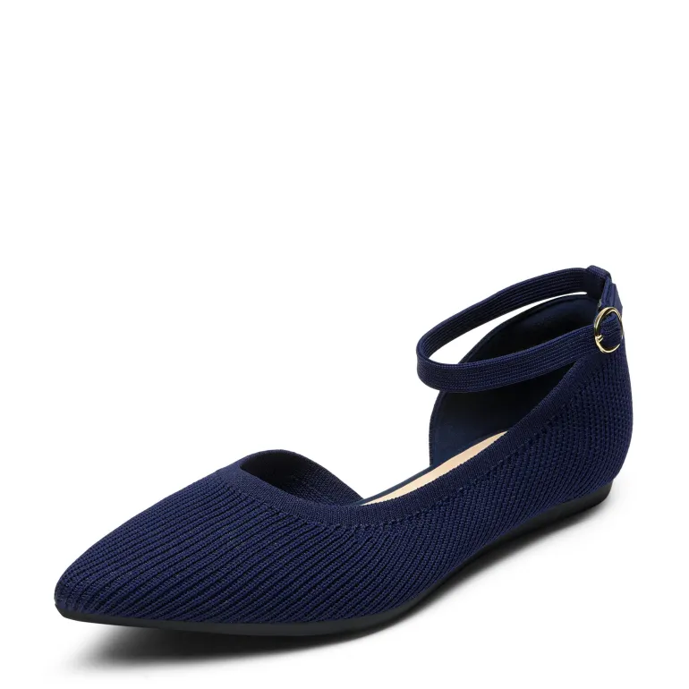 Knit Pointed Toe Ankle Strap Flats
