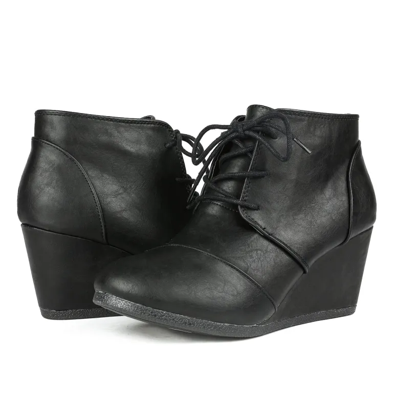 Lace Up Low Wedge Heel Ankle Boots