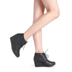 Lace Up Low Wedge Heel Ankle Boots